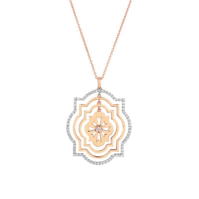 Girocollo scudo sole traforato a tre cerchi in oro e pavé di diamanti