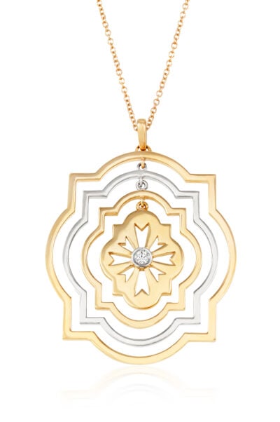 Girocollo scudo sole traforato a tre cerchi in oro giallo, bianco e diamante
