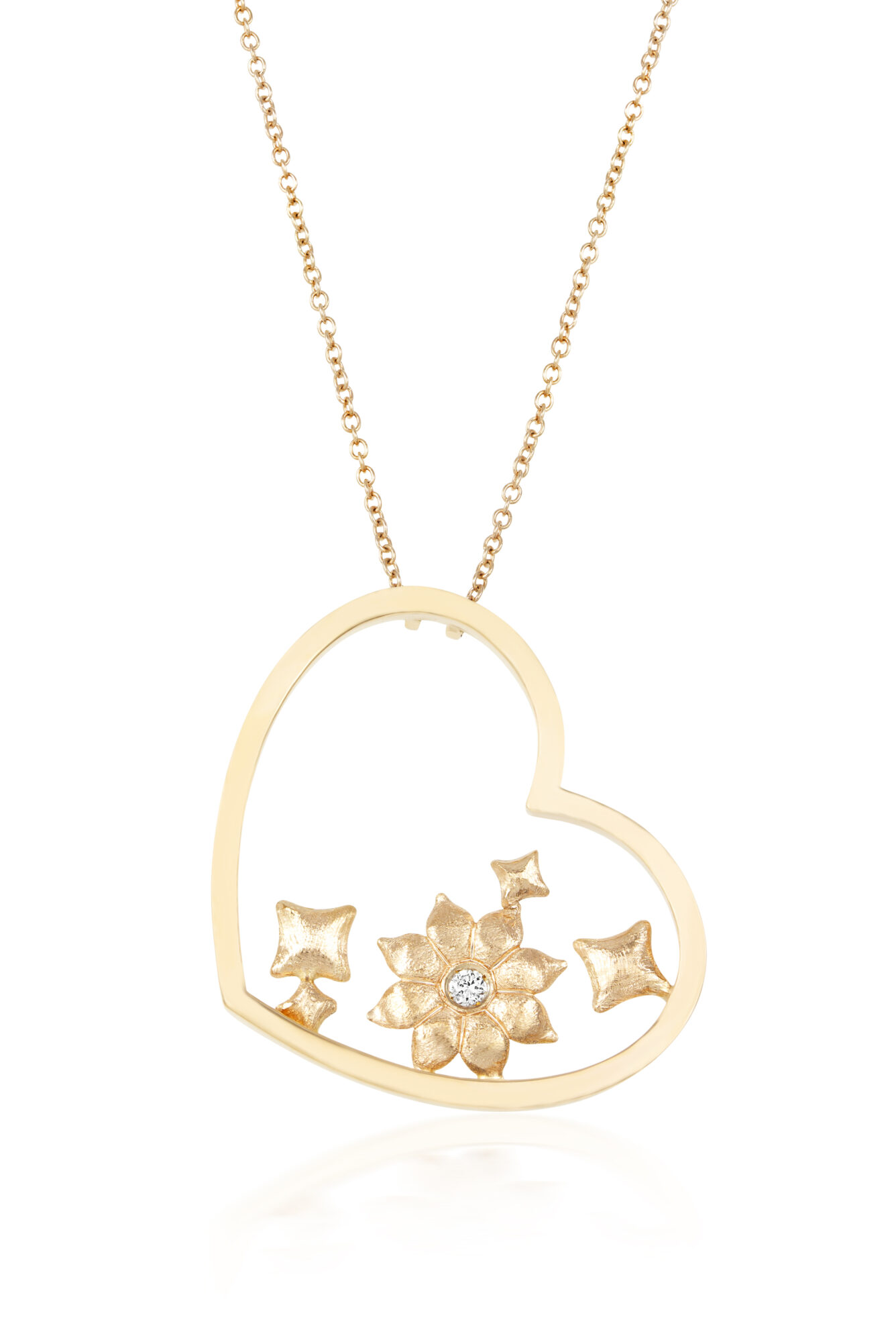 Girocollo cuore con fiore e rombi in oro e diamante