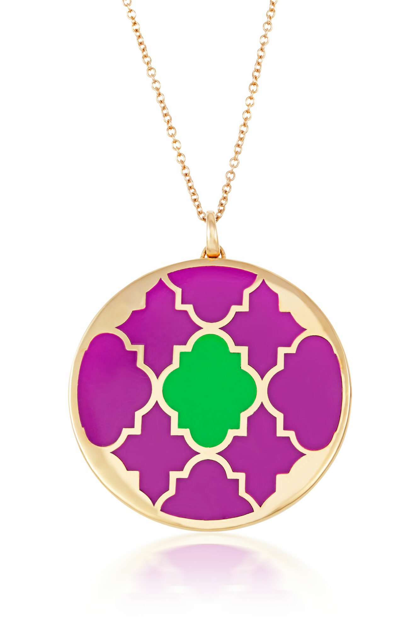 Girocollo ciondolo rotondo scudo in oro e smalto viola e verde