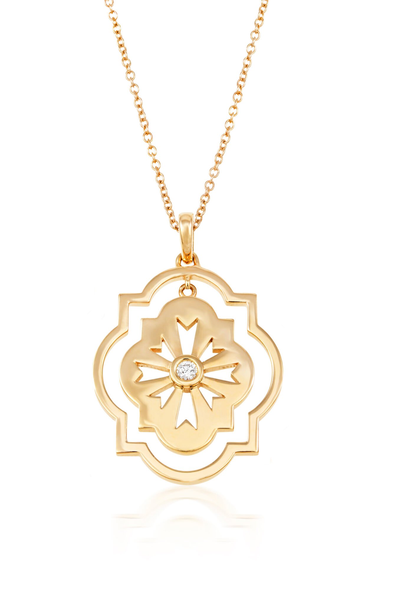 Girocollo scudo sole traforato a un cerchio in oro e diamante centrale