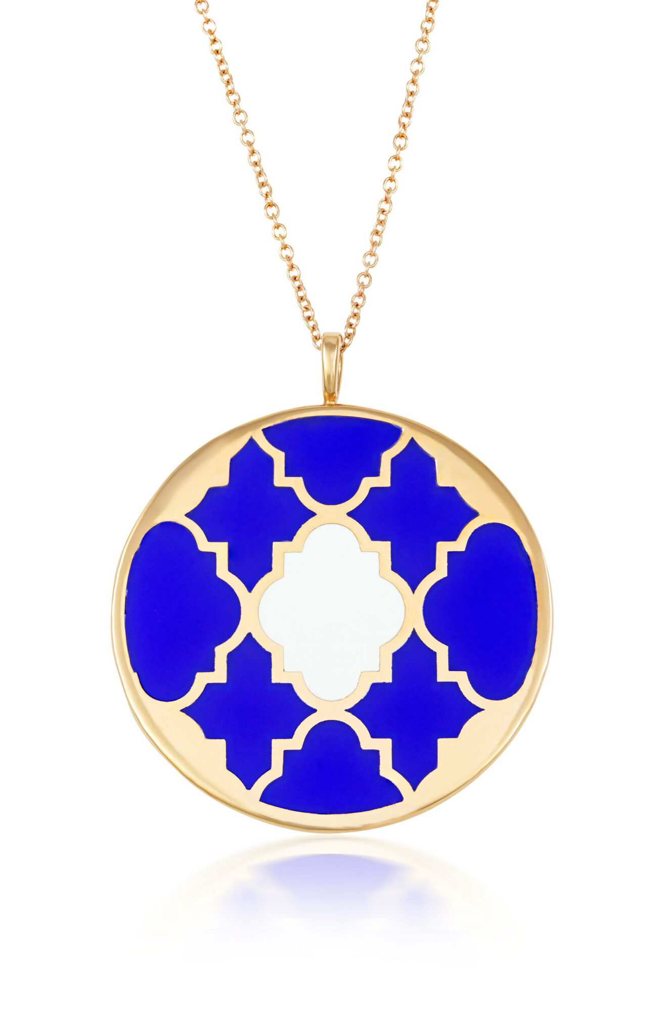 Girocollo ciondolo rotondo scudo in oro e smalto blu e bianco