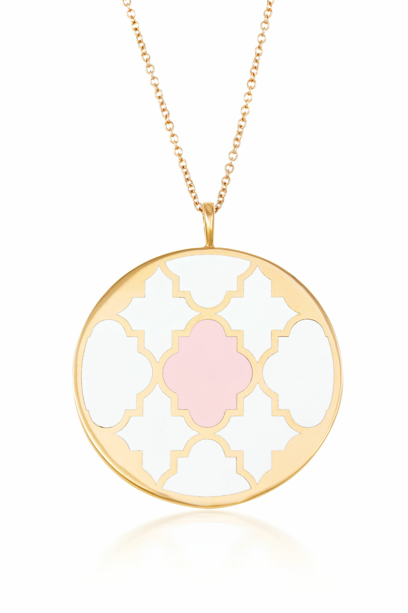 Girocollo ciondolo rotondo scudo in oro e smalto bianco e rosa