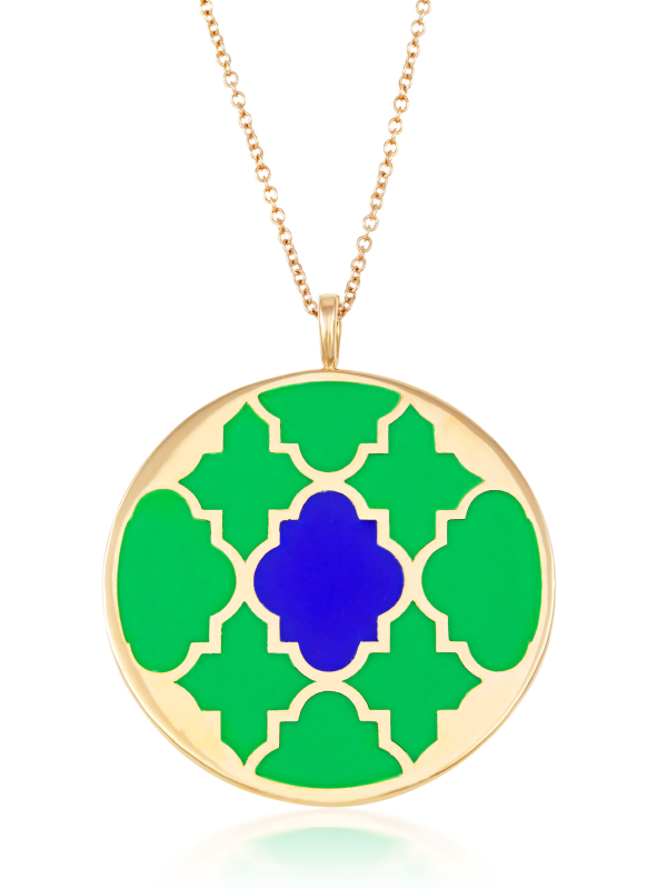 Girocollo ciondolo rotondo scudo in oro e smalto verde e blu