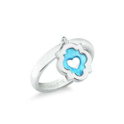 Anello con ciondolo pendente scudo simbolo cuore argento e madreperla blu