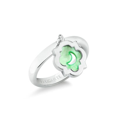 Anello con ciondolo pendente scudo simbolo luna argento e madreperla verde