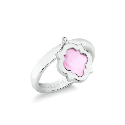 Anello con ciondolo pendente scudo argento e madreperla rosa