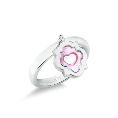 Anello con ciondolo pendente scudo simbolo cuore argento e madreperla rosa