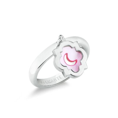 Anello con ciondolo pendente scudo simbolo luna argento e madreperla rosa