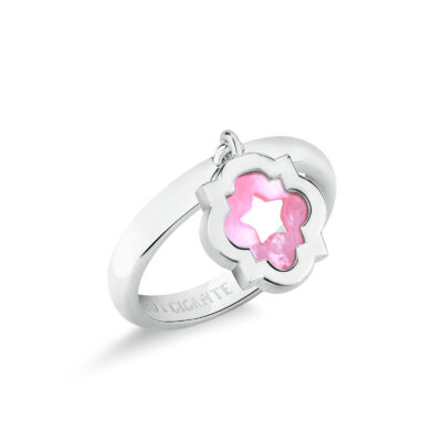 Anello con ciondolo pendente scudo simbolo stella argento e madreperla rosa