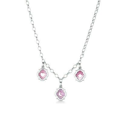 Girocollo a 3 ciondoli scudo luna, cuore e stella in argento e madreperla rosa