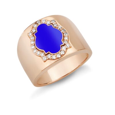 Anello scudo in oro, smalto blu e diamanti