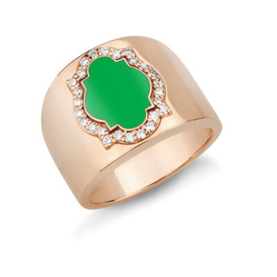 Anello scudo in oro, smalto verde e diamanti