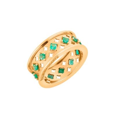 Anello fascia traforata rombi in oro e smeraldi
