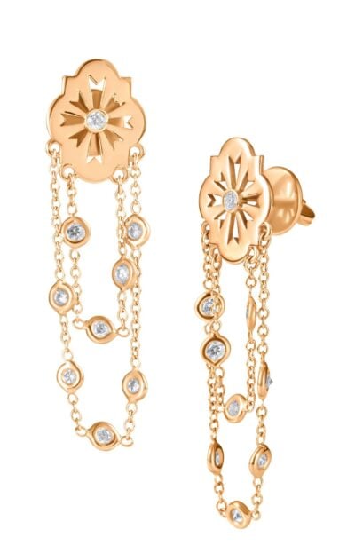 Orecchini scudo sole pendenti a catena in oro e diamanti