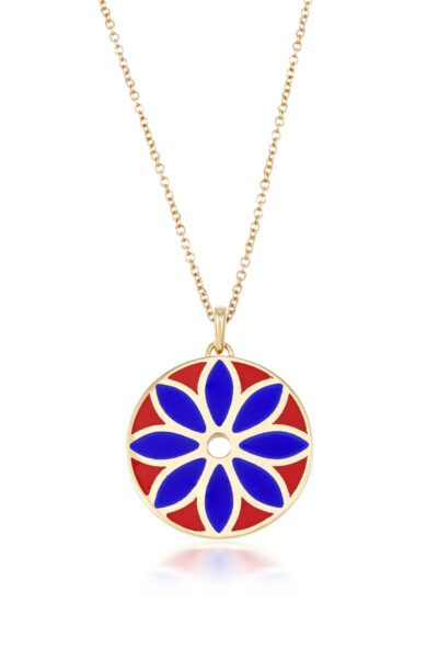 Girocollo ciondolo fiore in oro, smalto rosso e blu