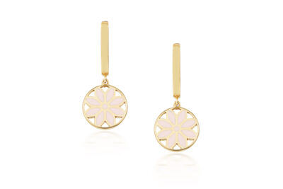 Orecchini pendenti fiore in oro e smalto rosa
