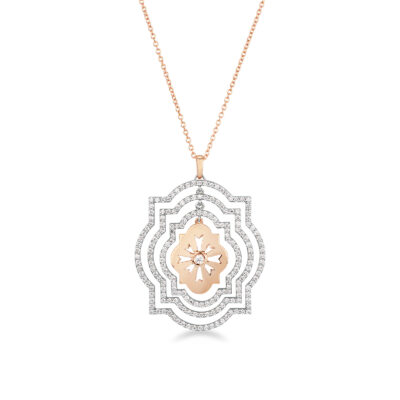 Girocollo scudo sole traforato a tre cerchi full pavé in oro e diamanti