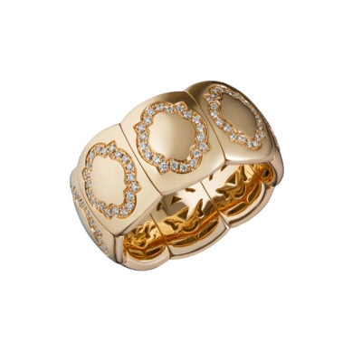 Anello fascia elastica con scudi oro e diamanti