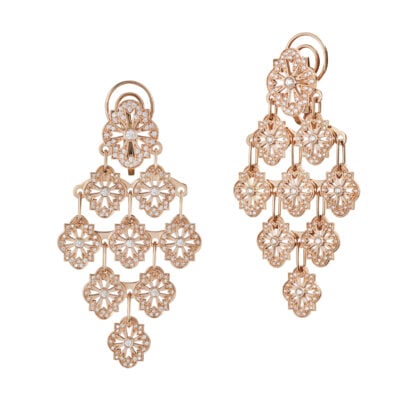 Orecchini pendenti piccoli scudi oro rosa e diamanti