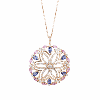 Girocollo fiore limited edition oro rosa, zaffiri rosa, zaffiri blu e diamanti
