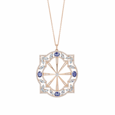 Ciondolo scudo limited edition oro, zaffiri, acqua marina e diamanti