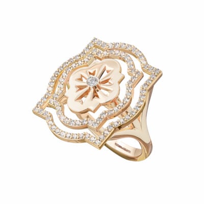 Anello scudo sole traforato a due cerchi oro e diamanti